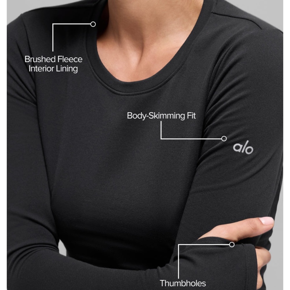 ALO Yoga S Women's black Nocturne Long Sleeve Tee thumbholes fleece lined warm